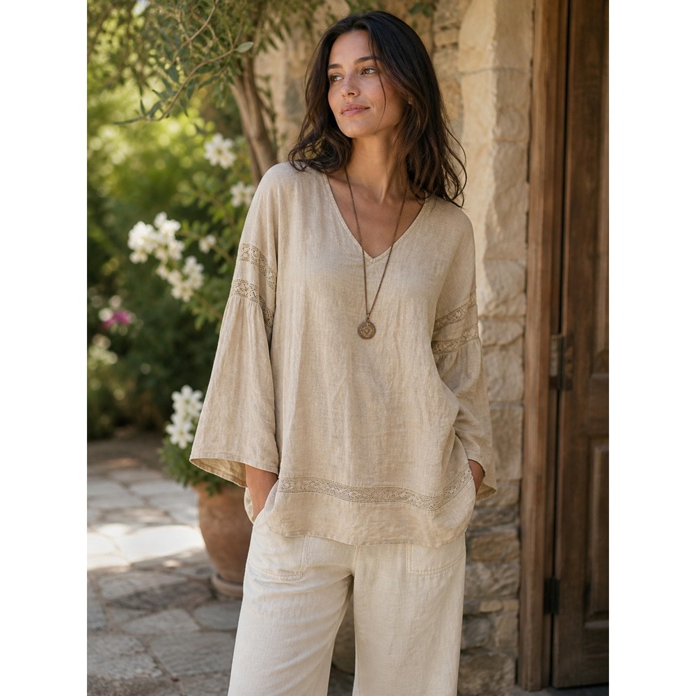 Maurie and Eve Beige Cotton Gauze Lace Trim Bell Sleeve Tunic Top- Size 2